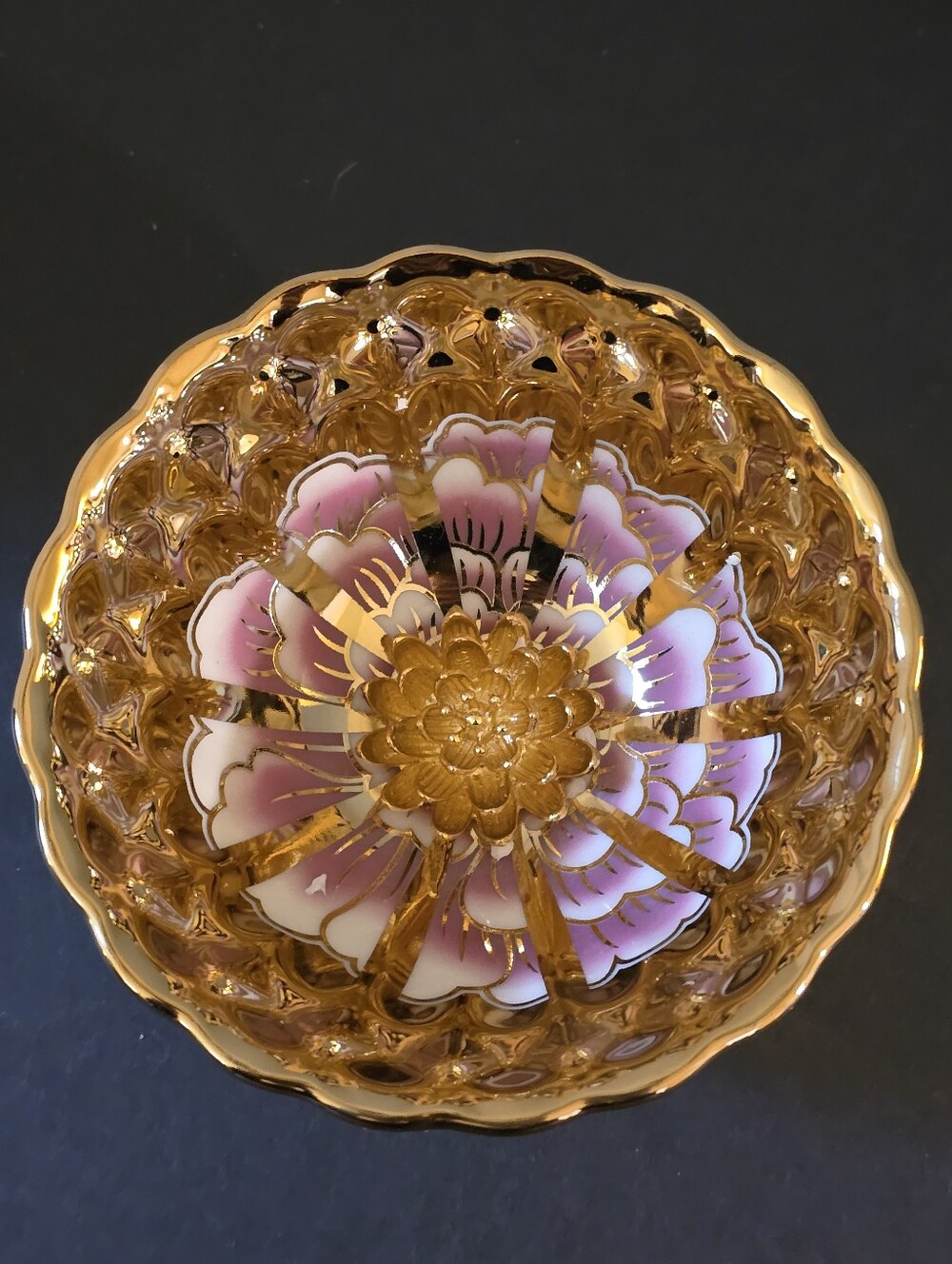 Golden Pink Inlaid Lotus Flower Tenmoku Tea Cup Or Tasting Bowl